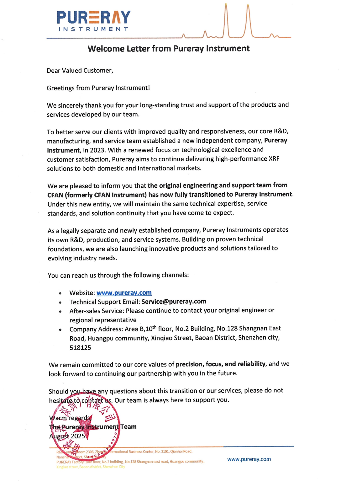 Welcome Letter from Pureray Instrument